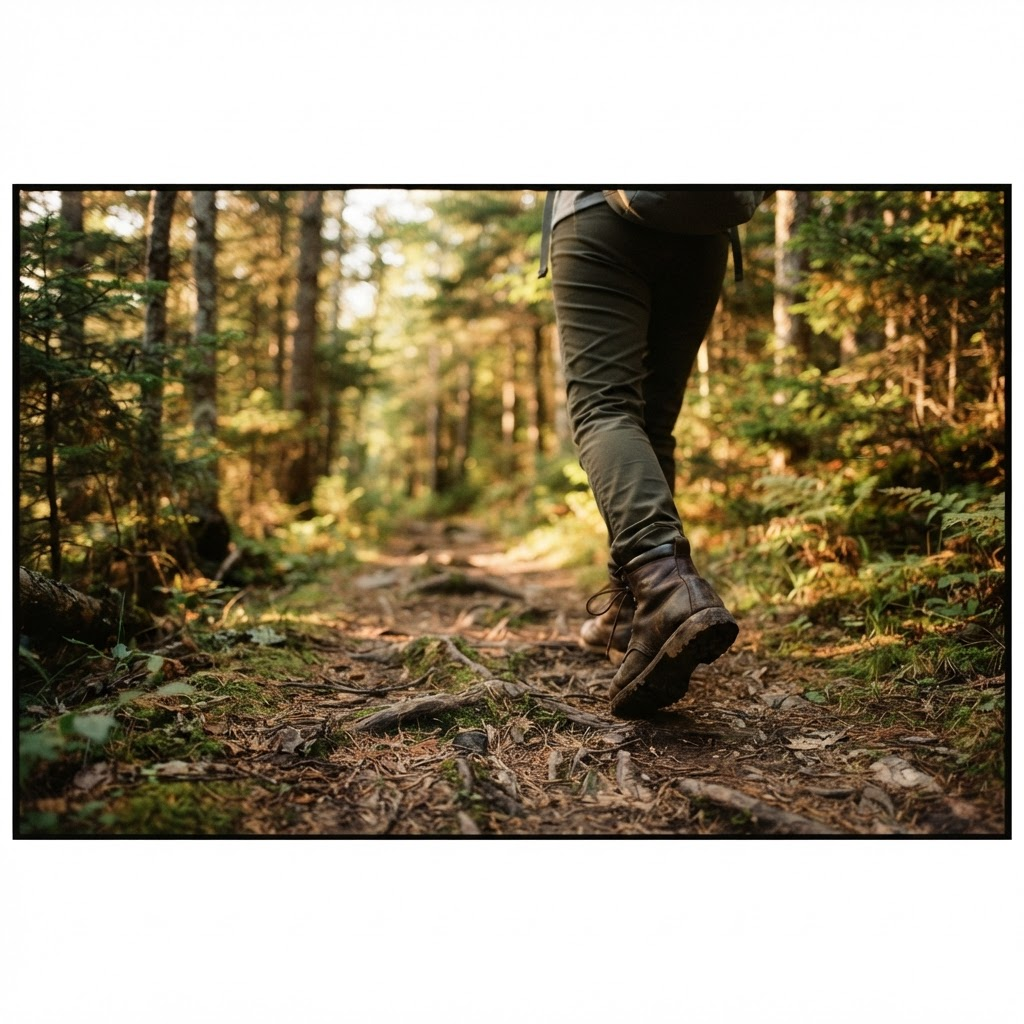 A hiker's boots on a forest trail at golden hour in the Maine woods